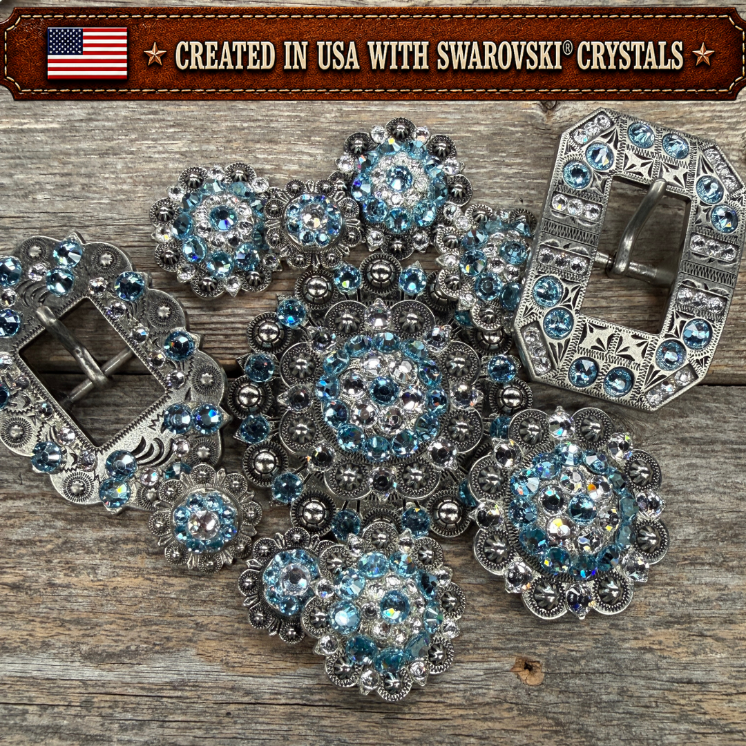 Antique Silver Aqua  - Clear Crystal Conchos | Sizes 1"- 3" | Buckles | Saddle Set | Leather Rosettes | Slide