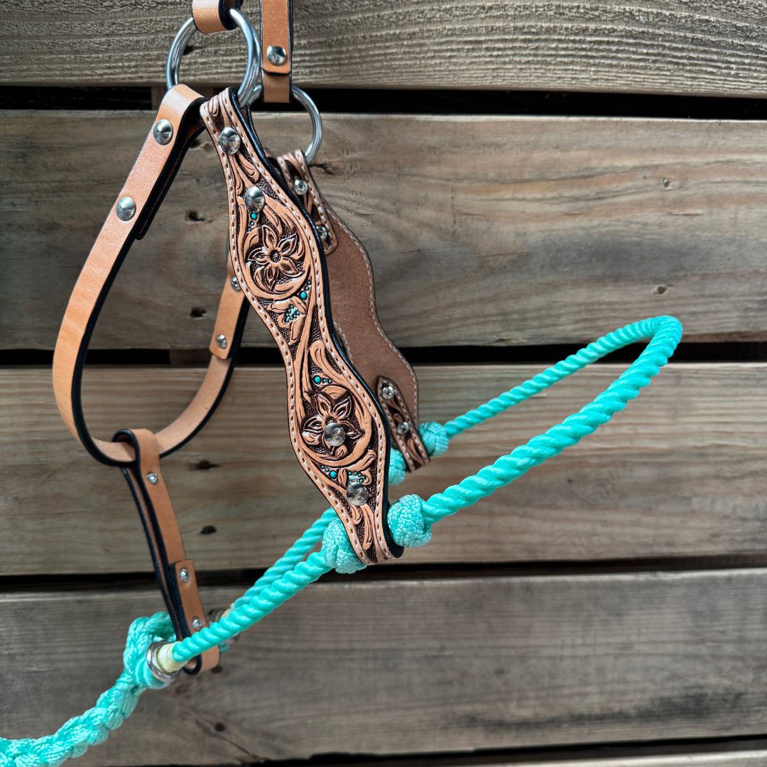 Seafoam Floral Tooled Lariat & Leather Combo Halter