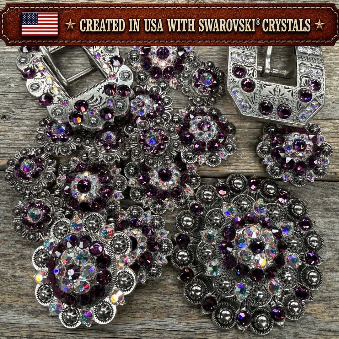 Antique Silver Amethyst - AB Crystal Conchos | Sizes 1"- 3" | Buckles | Saddle Set | Leather Rosettes | Slide