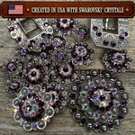 Antique Silver Amethyst - AB Crystal Conchos | Sizes 1"- 3" | Buckles | Saddle Set | Leather Rosettes | Slide