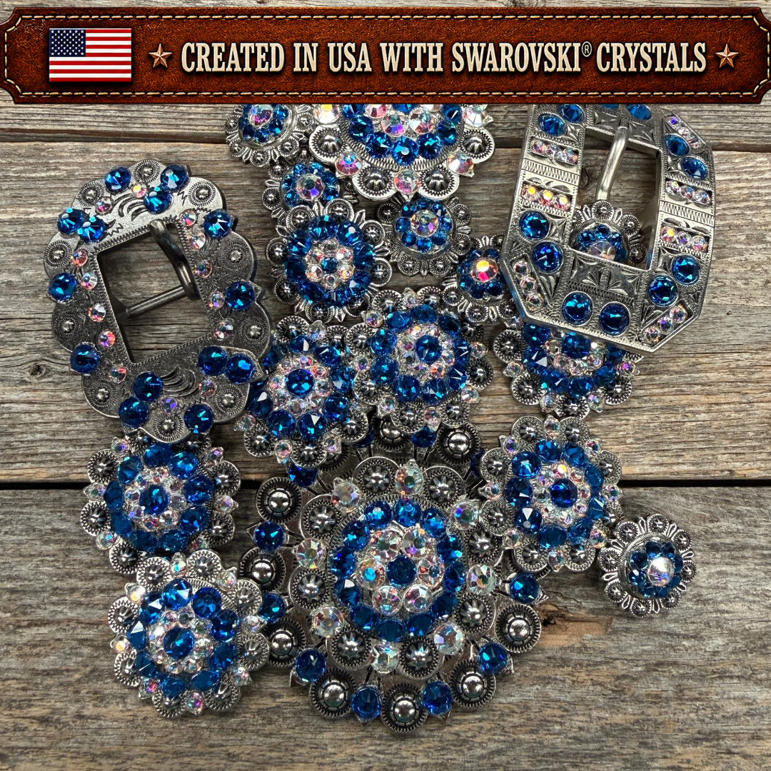 Antique Silver Capri - AB Crystal Conchos | Sizes 1"- 3" | Buckles | Saddle Set | Leather Rosettes | Slide