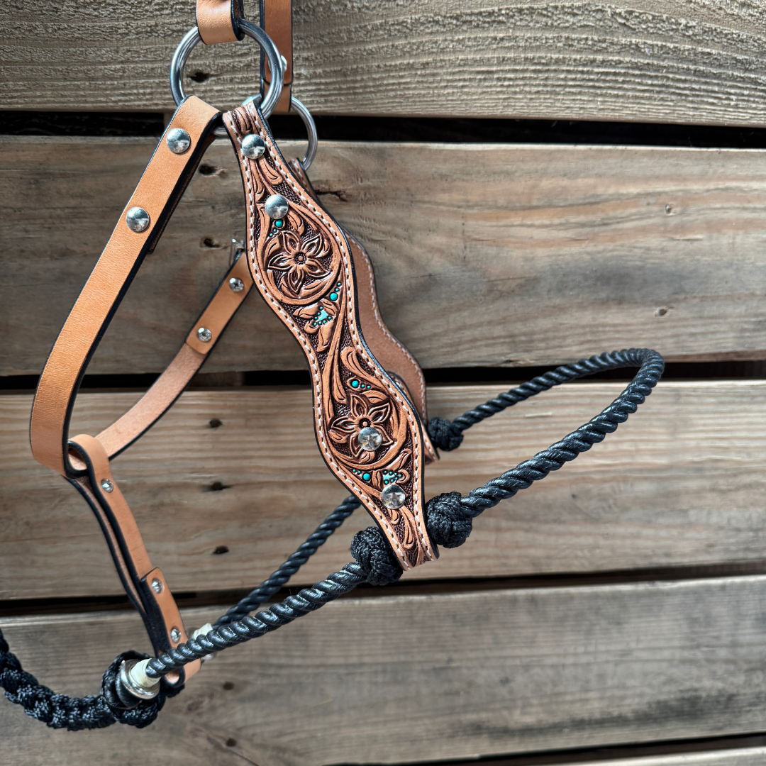 Black Floral Tooled Lariat & Leather Combo Halter