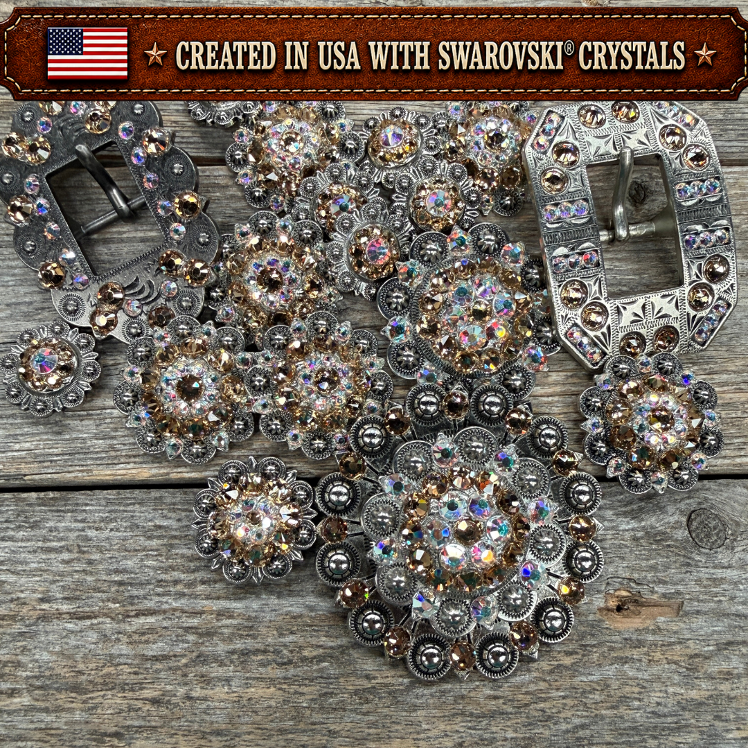 Antique Silver Champagne - AB Crystal Conchos | Sizes 1"- 3" | Buckles | Saddle Set | Leather Rosettes | Slide