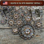 Antique Silver Champagne - AB Crystal Conchos | Sizes 1"- 3" | Buckles | Saddle Set | Leather Rosettes | Slide