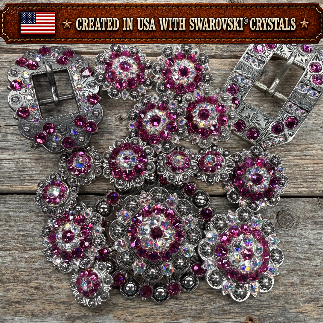 Antique Silver Fuchsia - AB Crystal Conchos | Sizes 1"- 3" | Buckles | Saddle Set | Leather Rosettes | Slide