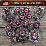 Antique Silver Fuchsia - AB Crystal Conchos | Sizes 1"- 3" | Buckles | Saddle Set | Leather Rosettes | Slide