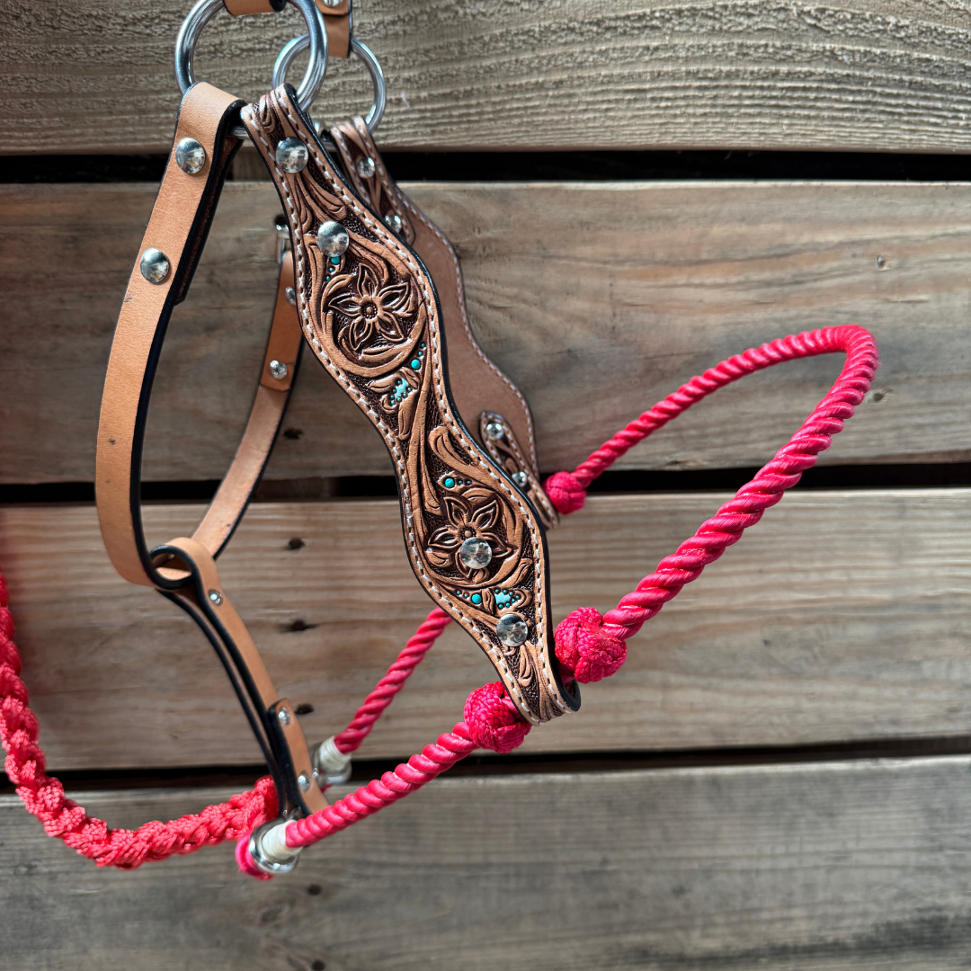 Red Floral Tooled Lariat & Leather Combo Halter