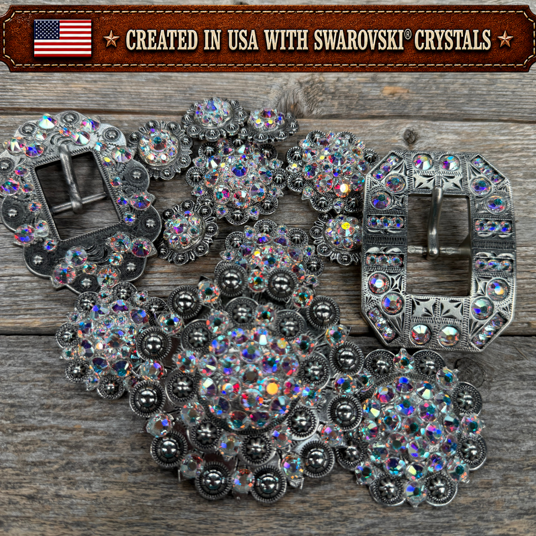 Antique Silver AB Crystal Conchos | Sizes 1"- 3" | Buckles | Saddle Set | Leather Rosettes | Slide
