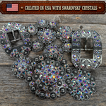 Antique Silver AB Crystal Conchos | Sizes 1"- 3" | Buckles | Saddle Set | Leather Rosettes | Slide