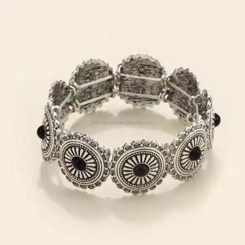 Rustic Silver Concho Style Fashion Bracelets  -  Black