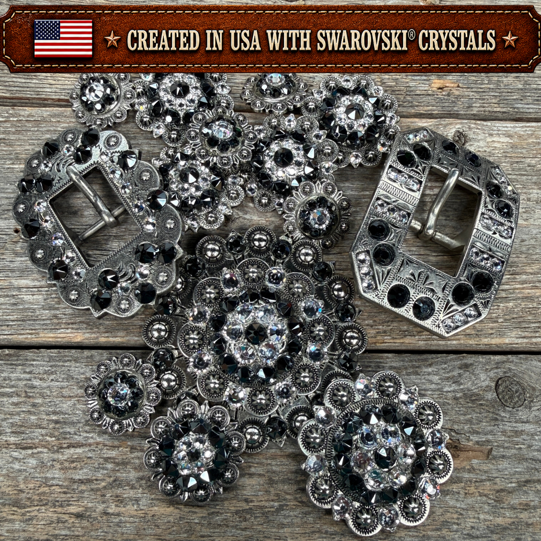 Antique Silver Jet - Clear Crystal Conchos | Sizes 1"- 3" | Buckles | Saddle Set | Leather Rosettes | Slide