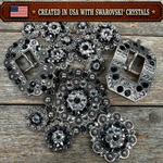 Antique Silver Jet - Clear Crystal Conchos | Sizes 1"- 3" | Buckles | Saddle Set | Leather Rosettes | Slide
