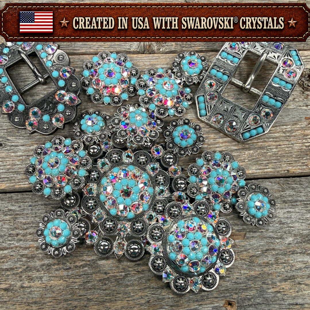 Antique Silver Turquoise - AB Crystal Conchos | Sizes 1"- 3" | Buckles | Saddle Set | Leather Rosettes | Slide