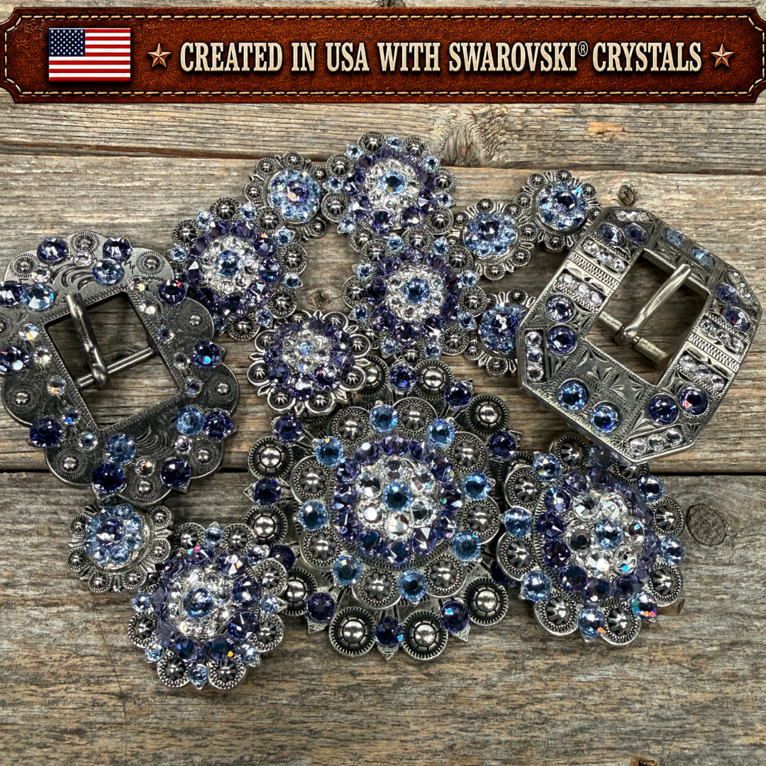 Antique Silver Light Sapphire - Clear - Lilac Crystal Conchos | Sizes 1"- 3" | Buckles | Saddle Set | Leather Rosettes | Slide