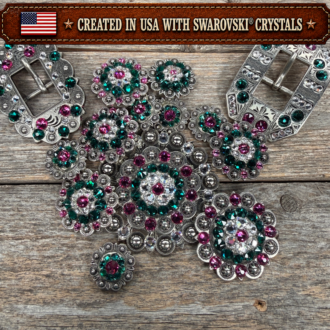 Antique Silver Fuchsia - Clear - Emerald  Crystal Conchos | Sizes 1"- 3" | Buckles | Saddle Set | Leather Rosettes | Slide