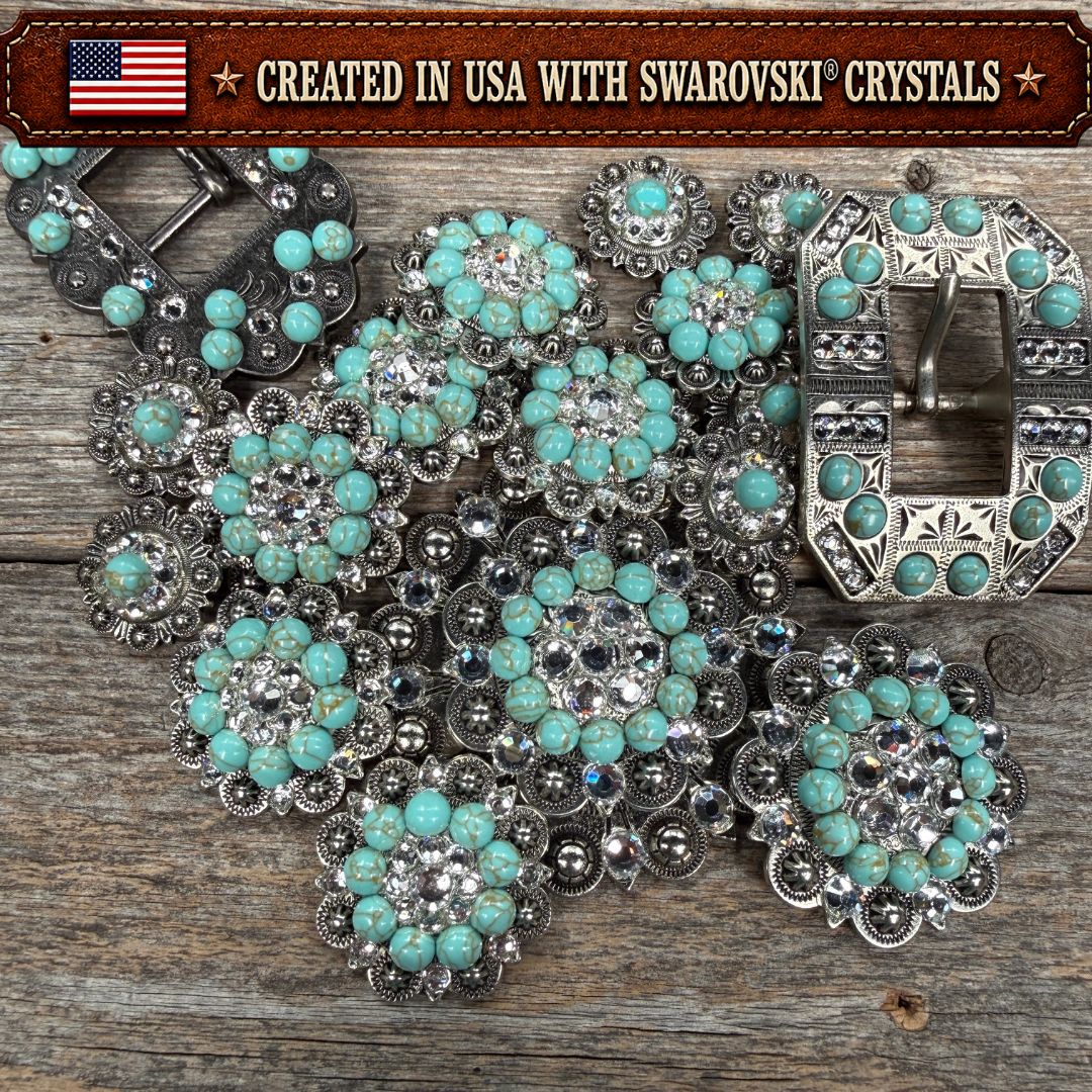 Antique Silver Turquoise - Clear Crystal Conchos | Sizes 1"- 3" | Buckles | Saddle Set | Leather Rosettes | Slide