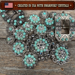 Antique Silver Turquoise - Clear Crystal Conchos | Sizes 1"- 3" | Buckles | Saddle Set | Leather Rosettes | Slide