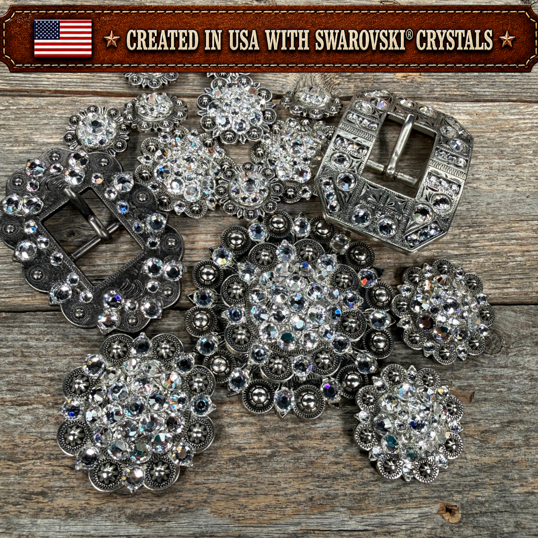 Antique Silver Clear Crystal Conchos | Sizes 1"- 3" | Buckles | Saddle Set | Leather Rosettes | Slide