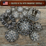 Antique Silver Clear Crystal Conchos | Sizes 1"- 3" | Buckles | Saddle Set | Leather Rosettes | Slide