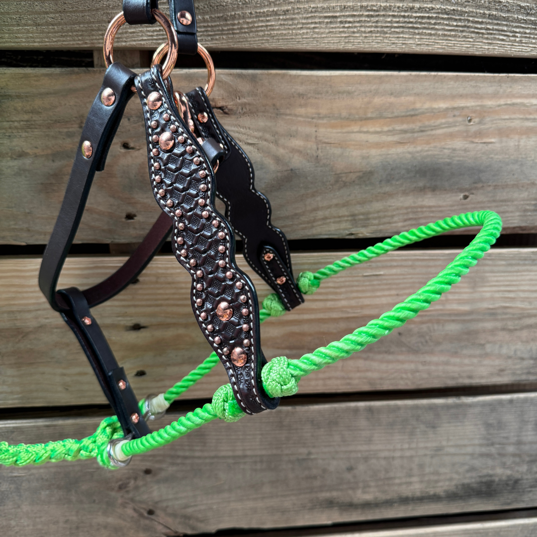 Lime Honeycomb Tooled Lariat & Leather Combo Halter
