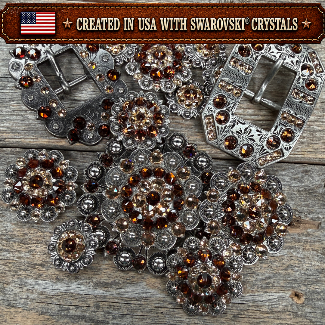 Antique Silver Topaz - Champagne Crystal Conchos | Sizes 1"- 3" | Buckles | Saddle Set | Leather Rosettes | Slide