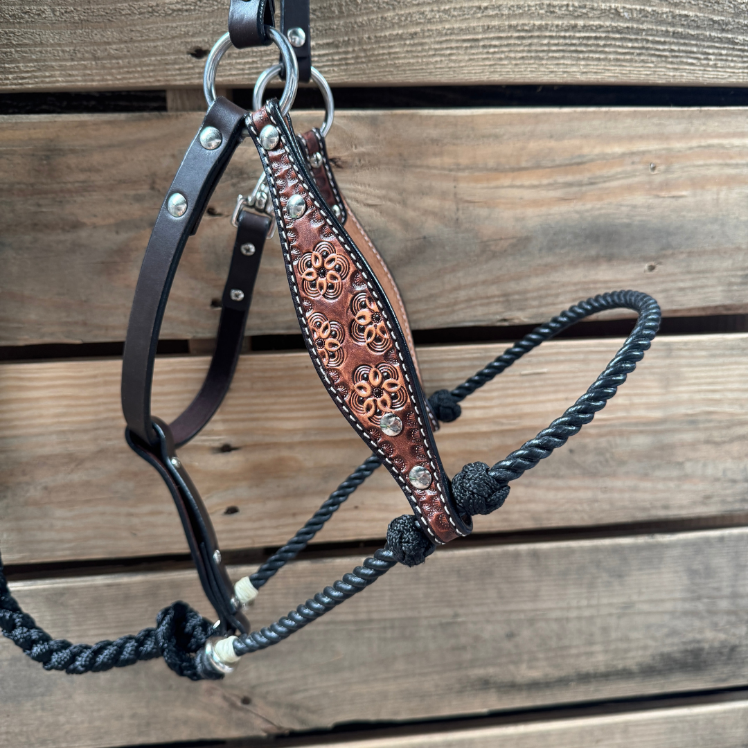 Black Flower Power Tooled Lariat & Leather Combo Halter