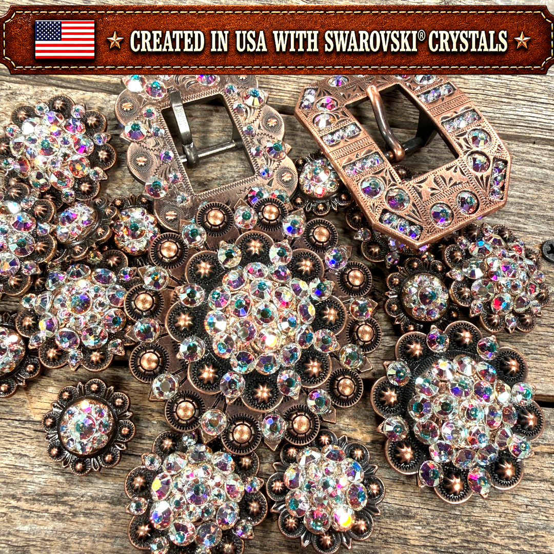 Copper AB Crystal Conchos | Sizes 1"- 3" | Buckles | Saddle Set | Leather Rosettes | Slide
