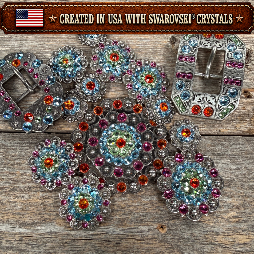 Antique Silver Tie Dye Crystal Conchos | Sizes 1"- 3" | Buckles | Saddle Set | Leather Rosettes | Slide
