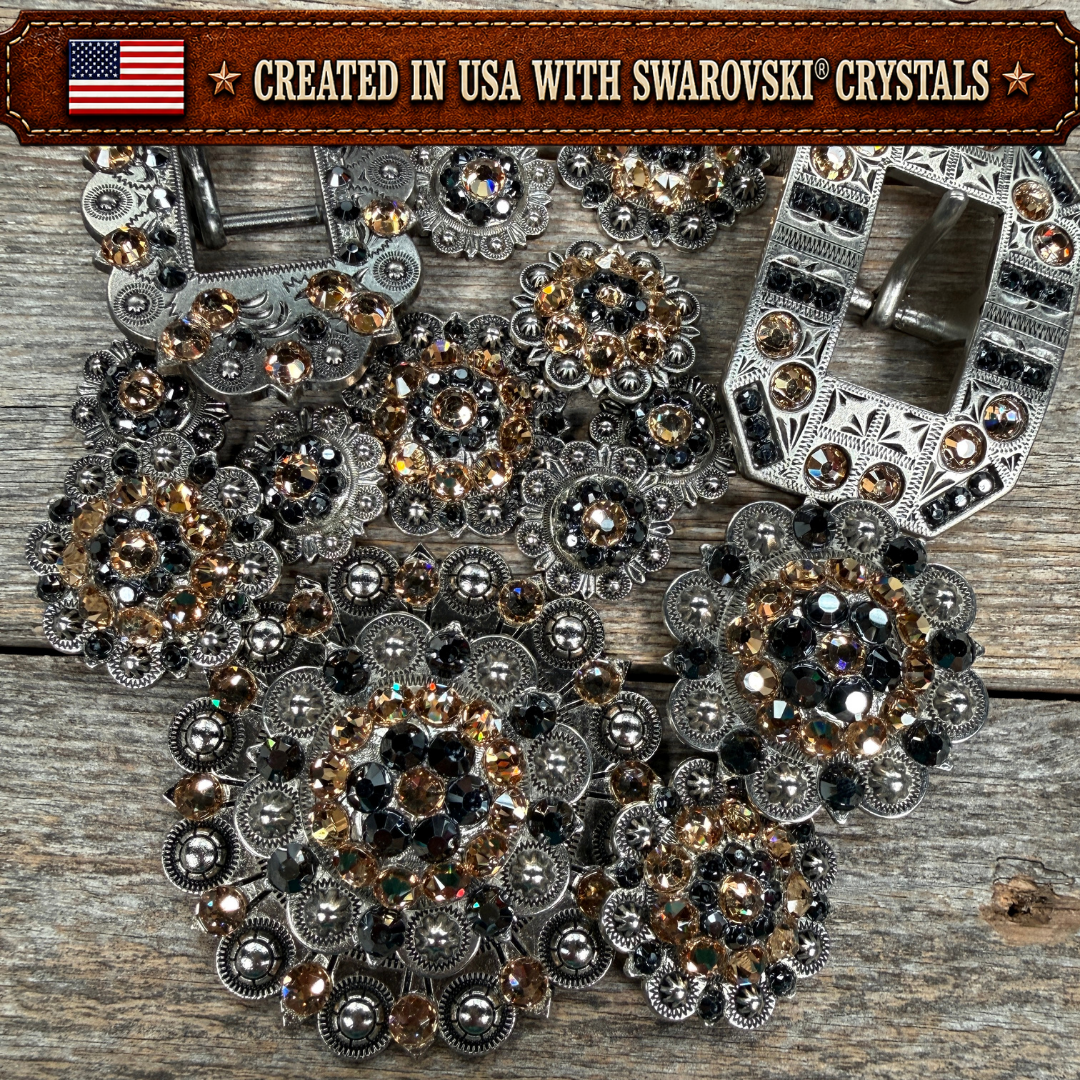 Antique Silver Champagne - Jet Crystal Conchos | Sizes 1"- 3" | Buckles | Saddle Set | Leather Rosettes | Slide