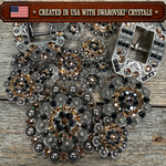 Antique Silver Champagne - Jet Crystal Conchos | Sizes 1"- 3" | Buckles | Saddle Set | Leather Rosettes | Slide