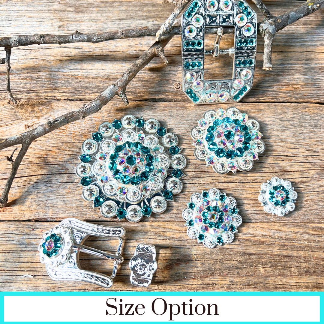 Bright Silver Teal & AB Crystal Conchos - Sizes from 1"- 3" and Buckles