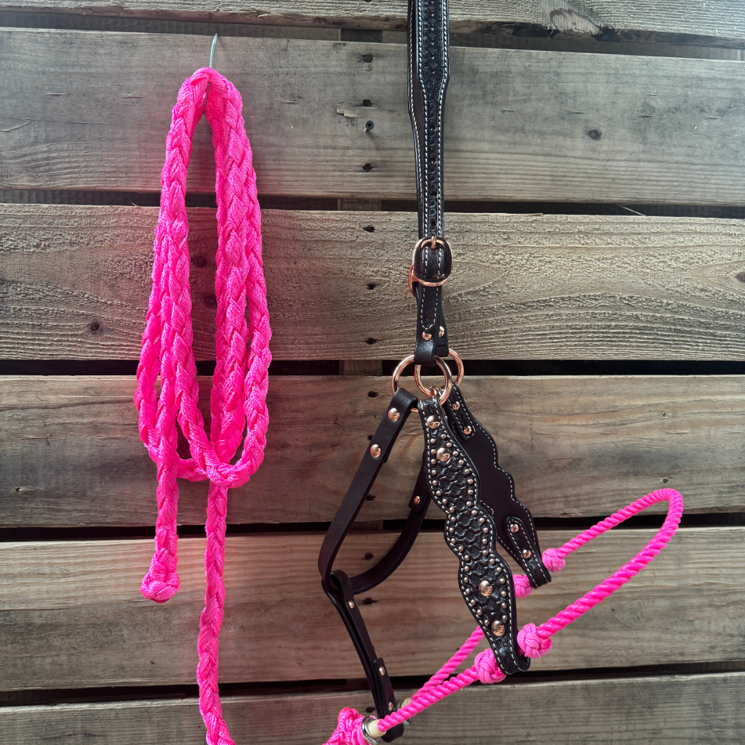 Hot Pink Honeycomb Tooled Lariat & Leather Combo Halter