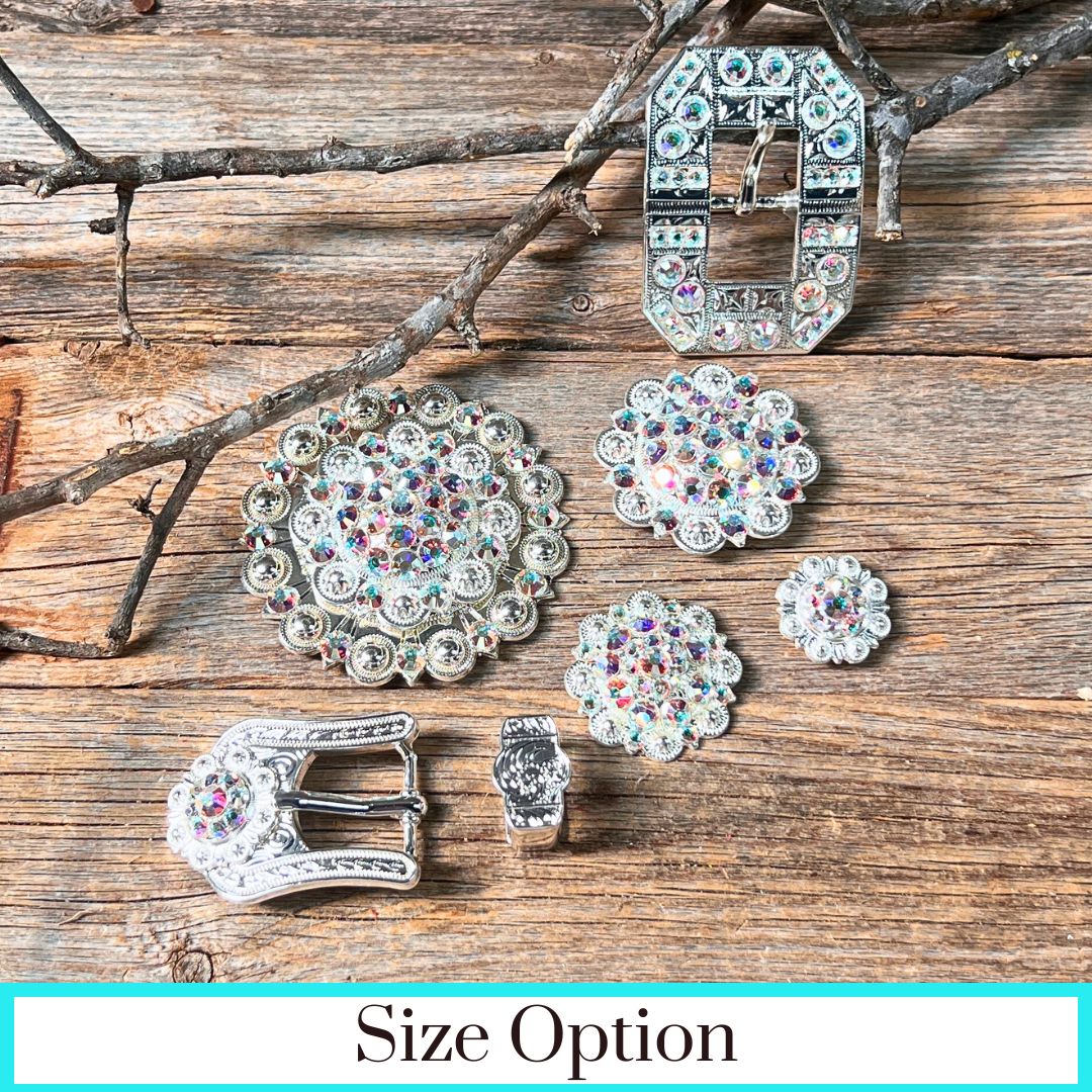 Bright Silver AB Crystal Conchos | Sizes 1"- 3" | Buckles | Saddle Set