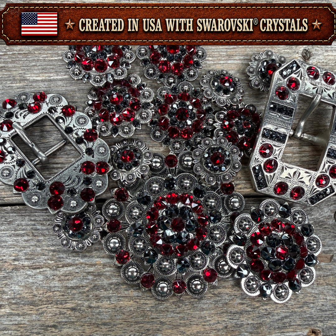 Antique Silver Ruby - Jet Crystal Conchos | Sizes 1"- 3" | Buckles | Saddle Set | Leather Rosettes | Slide