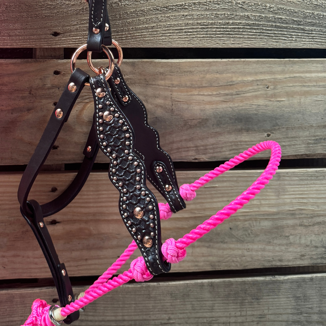 Hot Pink Honeycomb Tooled Lariat & Leather Combo Halter