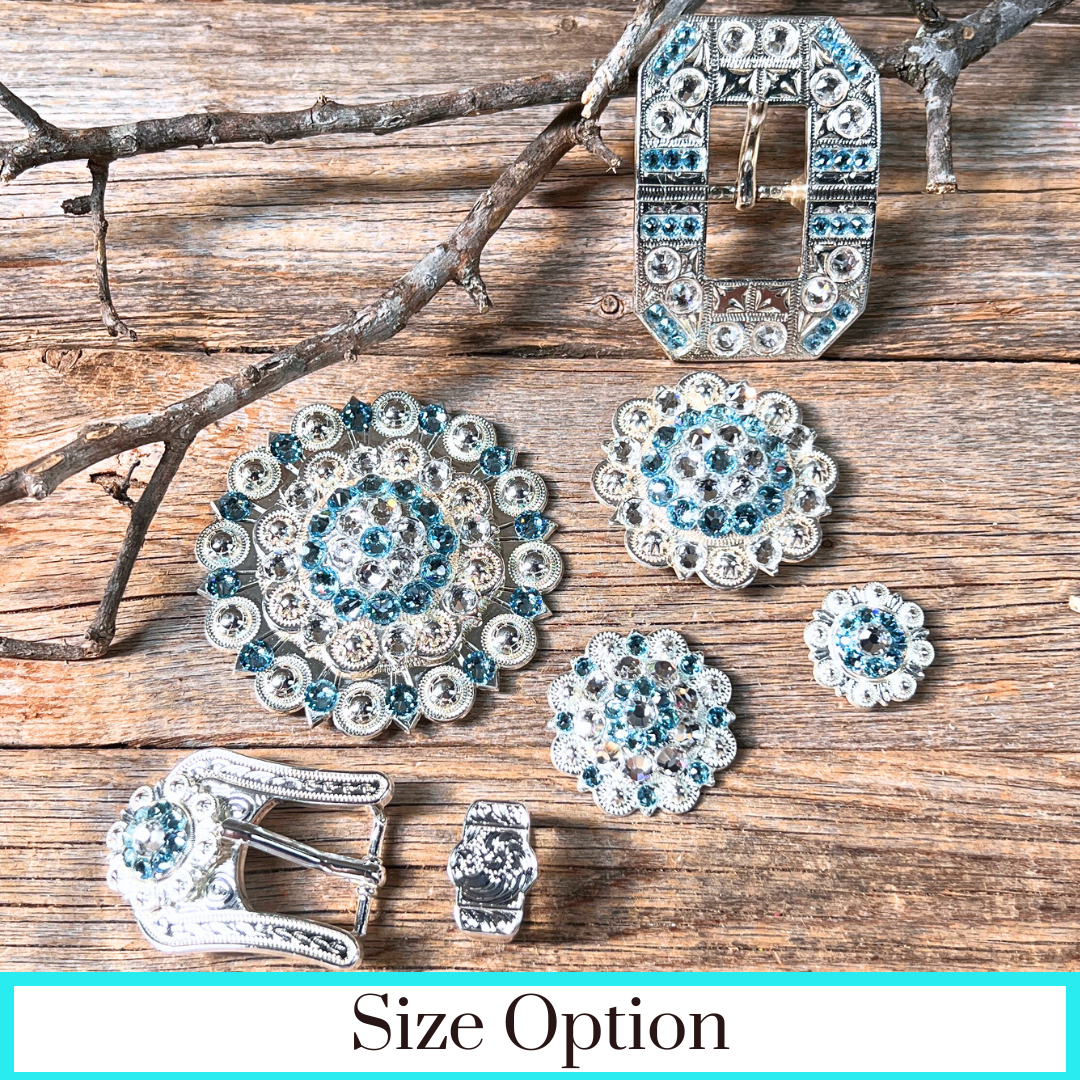 Bright Silver Aqua - Clear Crystal Conchos - Sizes from 1"- 3" and Buckles