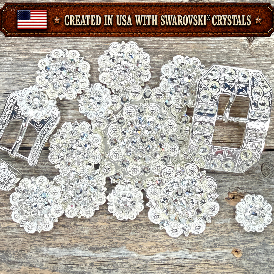Bright Silver Clear Crystal Conchos | Sizes 1"- 3" | Buckles | Saddle Set | Leather Rosettes | Slide