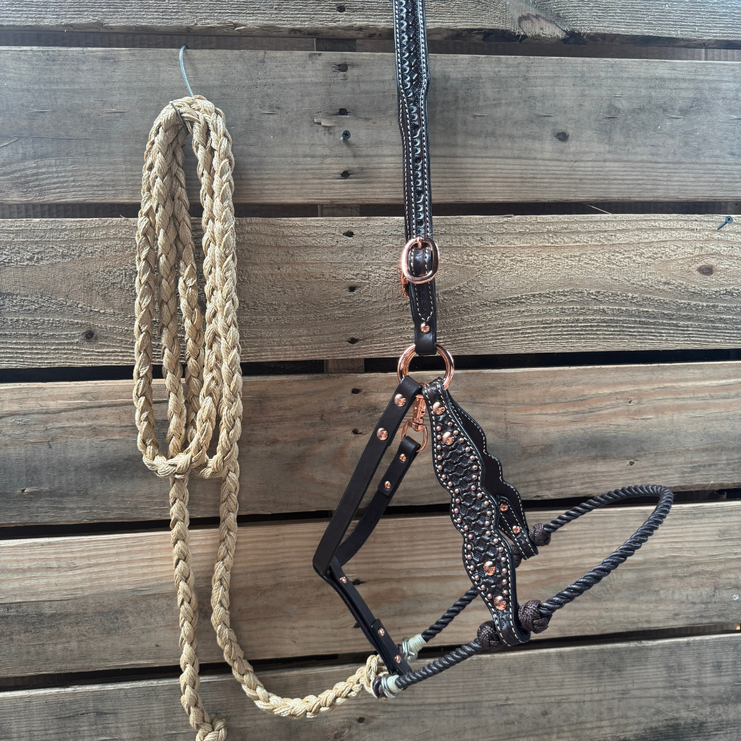 Brown Honeycomb Tooled Lariat & Leather Combo Halter