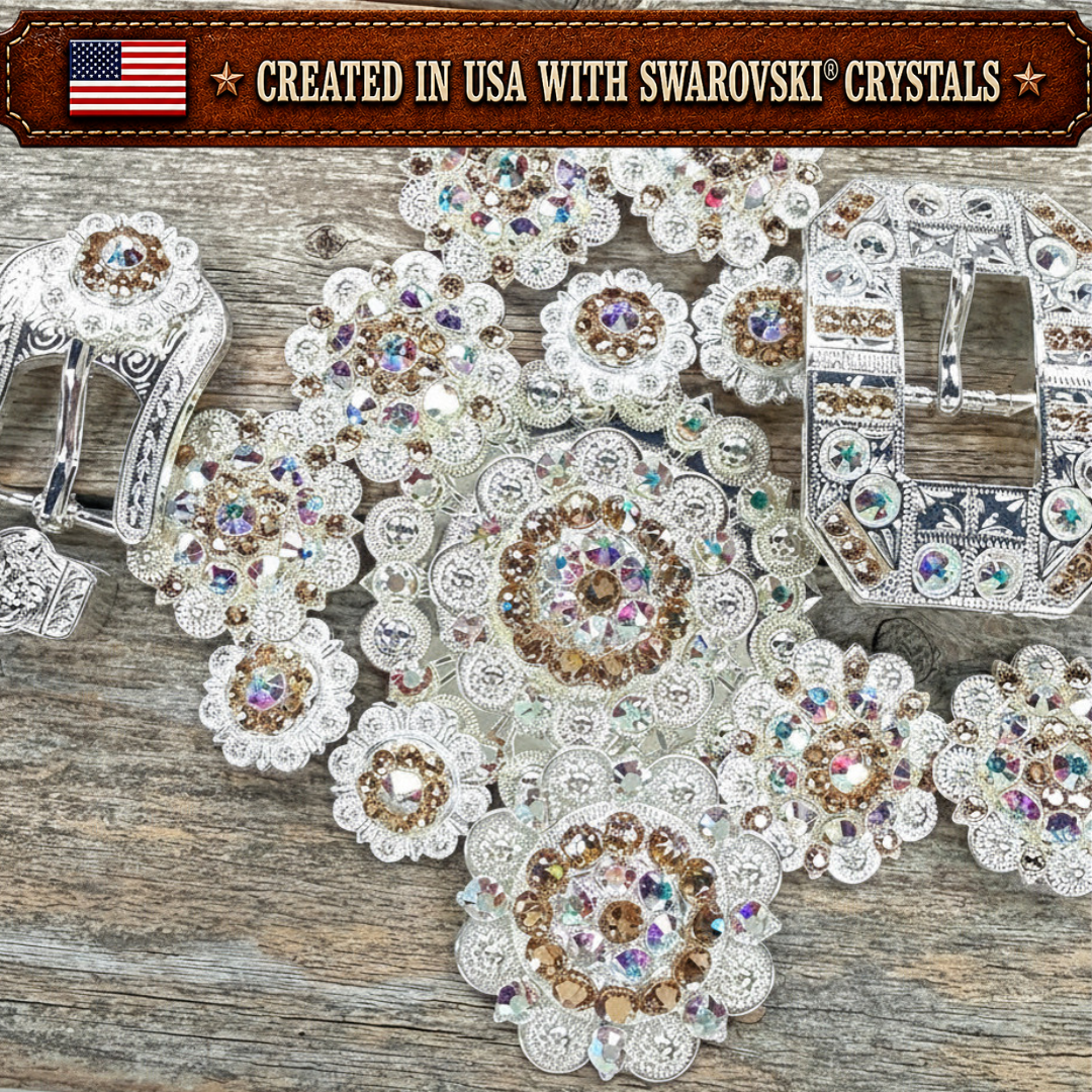 Bright Silver Champagne - AB Crystal Conchos | Sizes 1"- 3" | Buckles | Saddle Set | Leather Rosettes | Slide