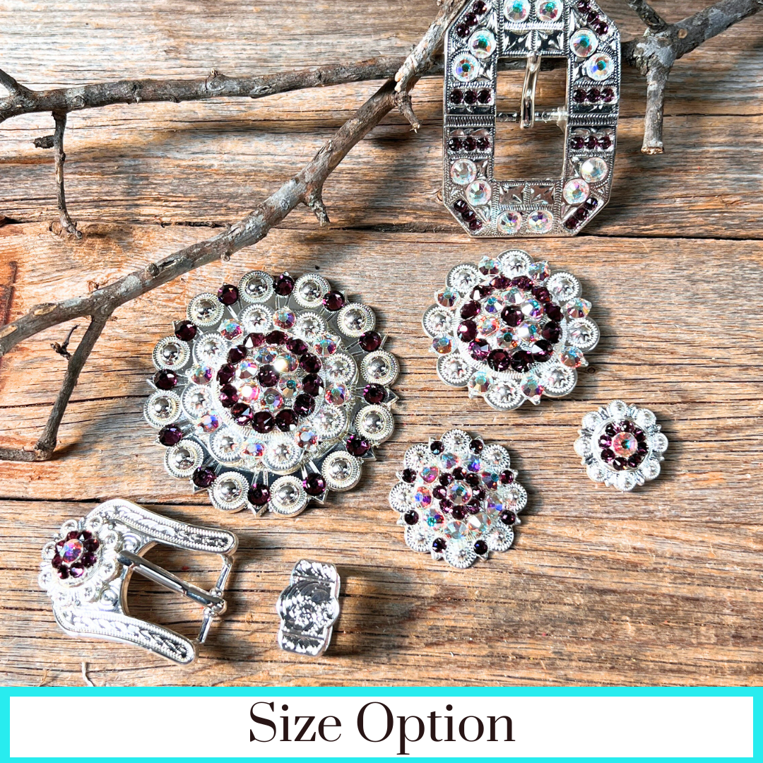 Bright Silver Purple & AB Crystal Conchos - Sizes from 1"- 3" and Buckles