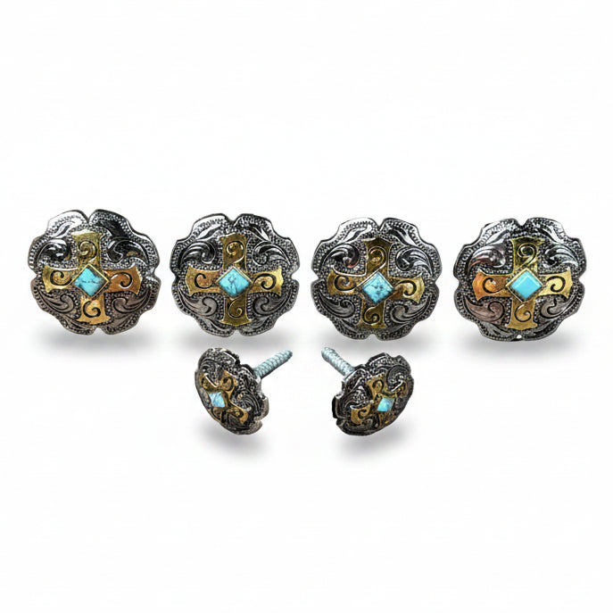 a collection of ornate metal buttons or knobs, each adorned with intricate designs and turquoise stones. The buttons are arranged in a row, showcasing their unique and decorative features.