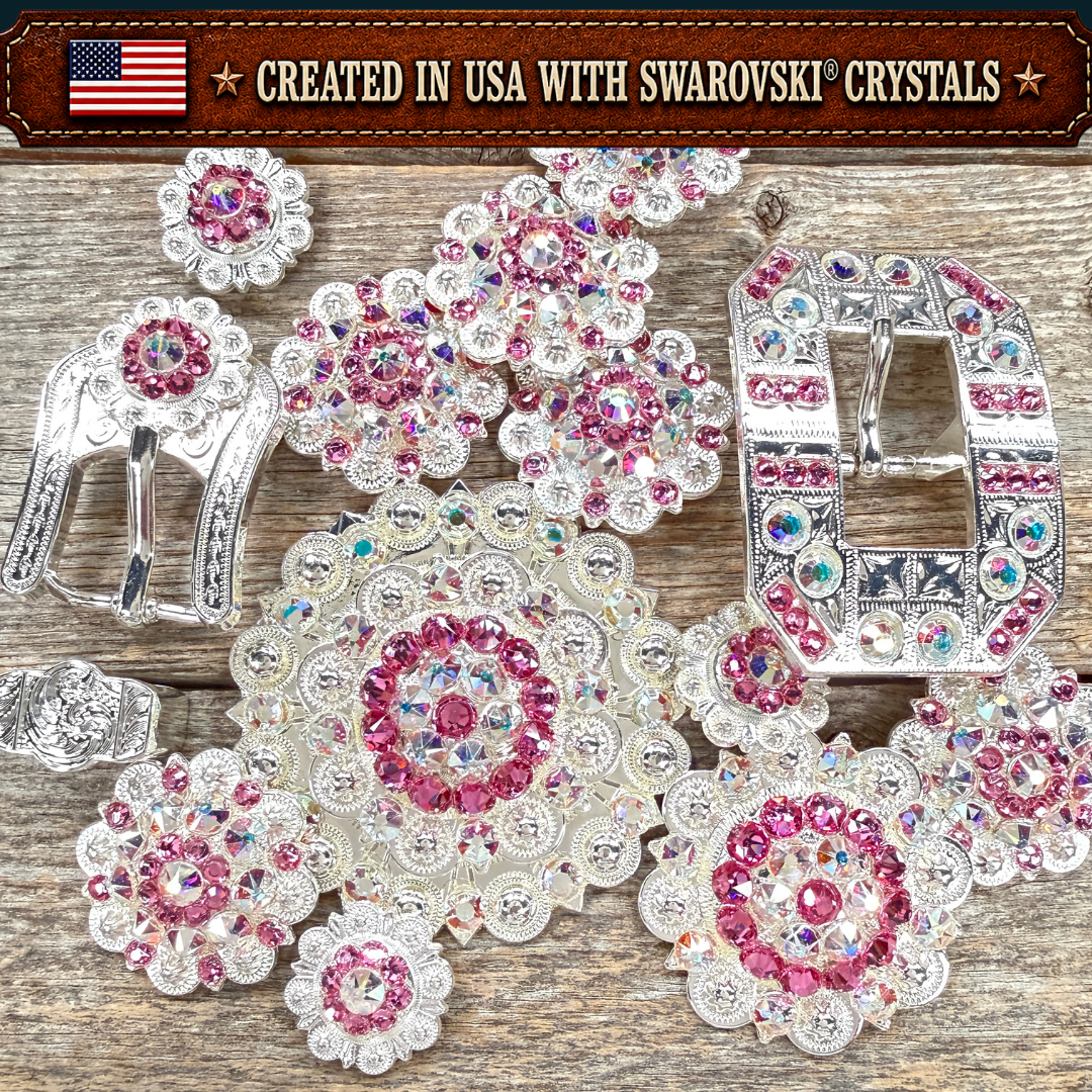 Bright Silver Pink - AB Crystal Conchos | Sizes 1"- 3" | Buckles | Saddle Set | Leather Rosettes | Slide