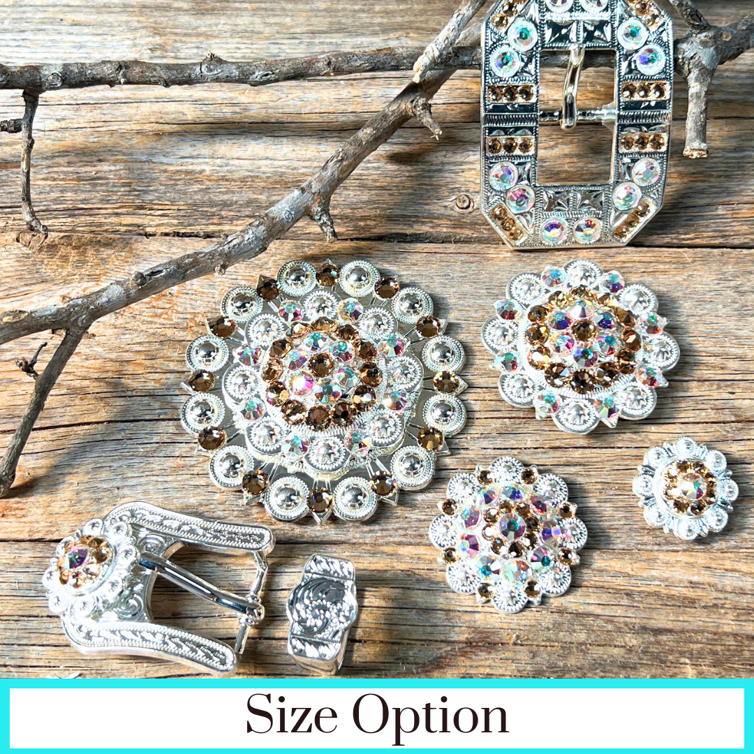 Bright Silver Champagne & AB Crystal Conchos - Sizes from 1"- 3" and Buckles