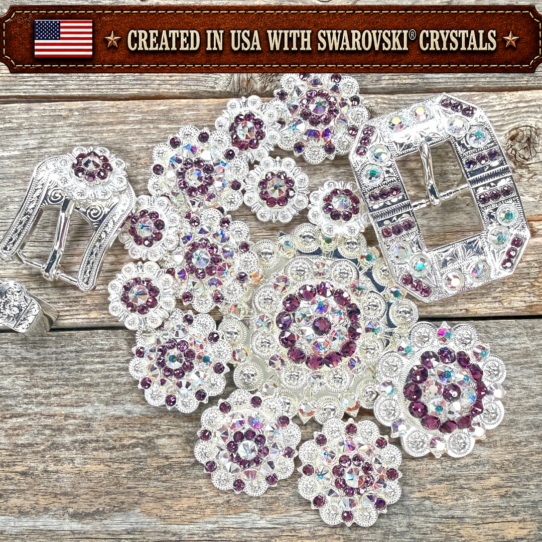 Bright Silver Amethyst - AB Crystal Conchos | Sizes 1"- 3" | Buckles | Saddle Set | Leather Rosettes | Slide