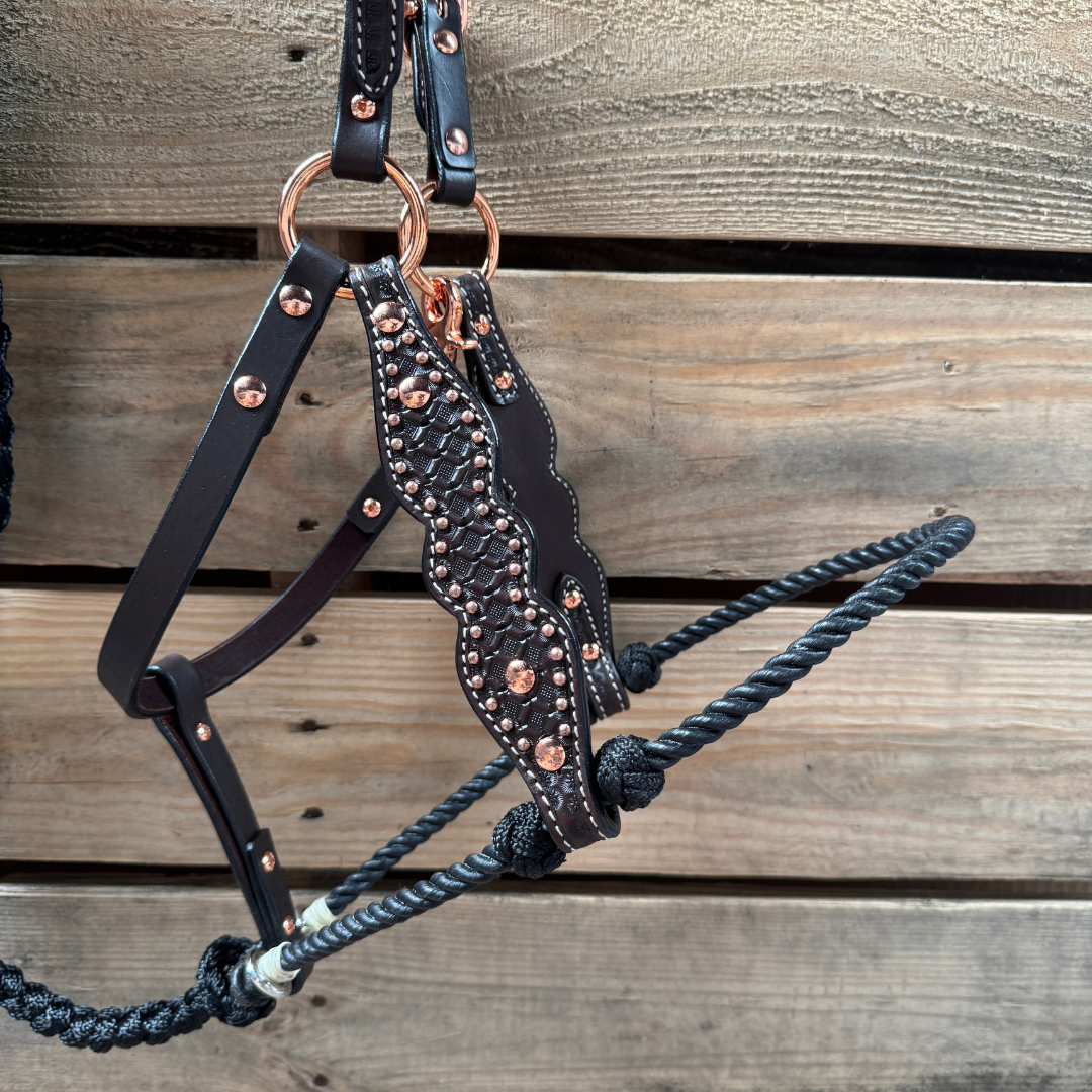 Black Honeycomb Tooled Lariat & Leather Combo Halter