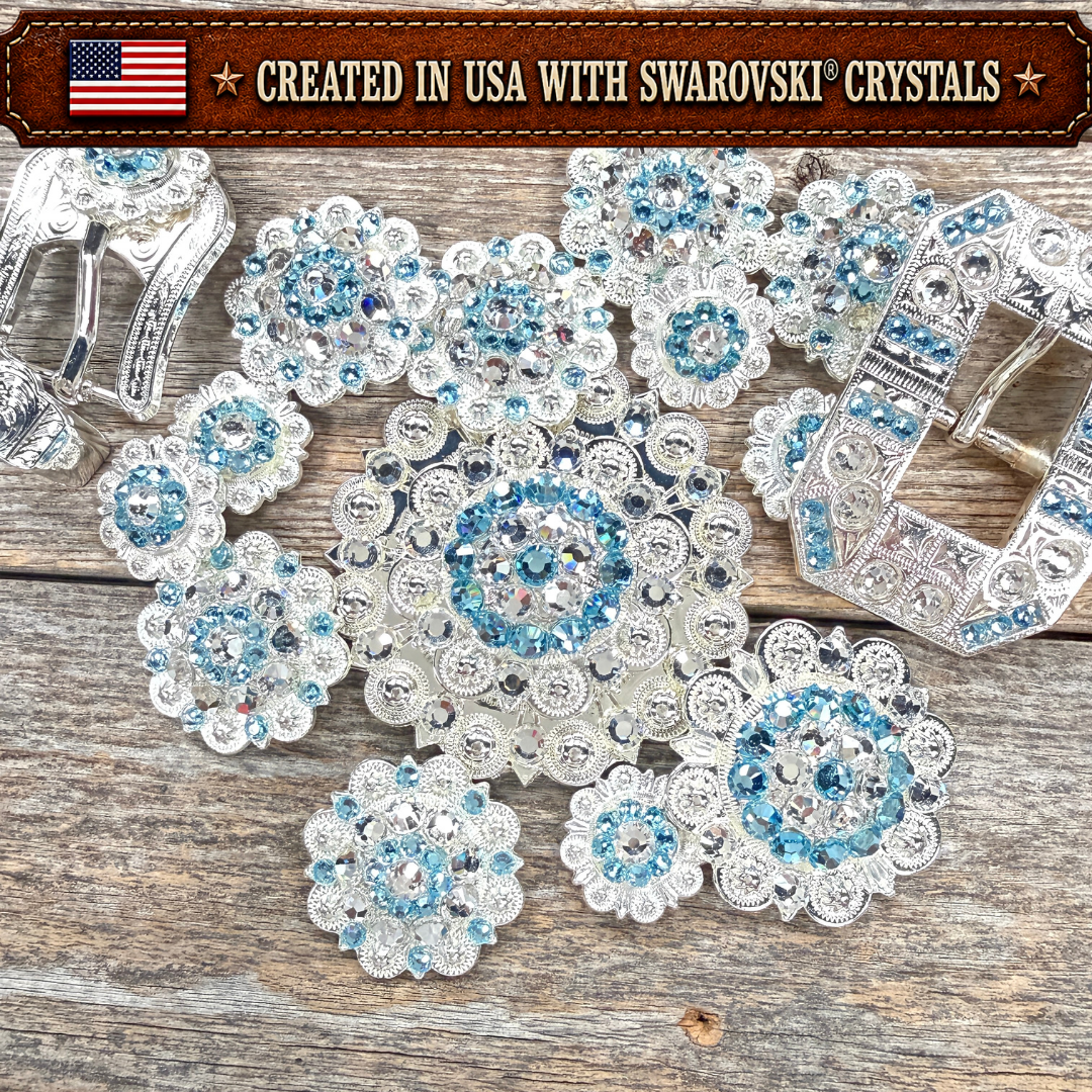 Bright Silver Aqua - Clear Crystal Conchos | Sizes 1"- 3" | Buckles | Saddle Set | Leather Rosettes | Slide