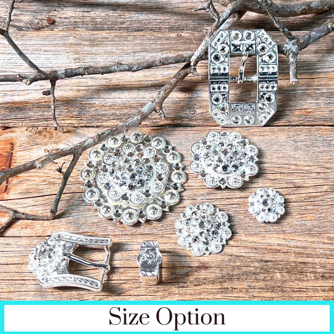 Bright Silver Clear Crystal Conchos - Sizes from 1"- 3" and Buckles