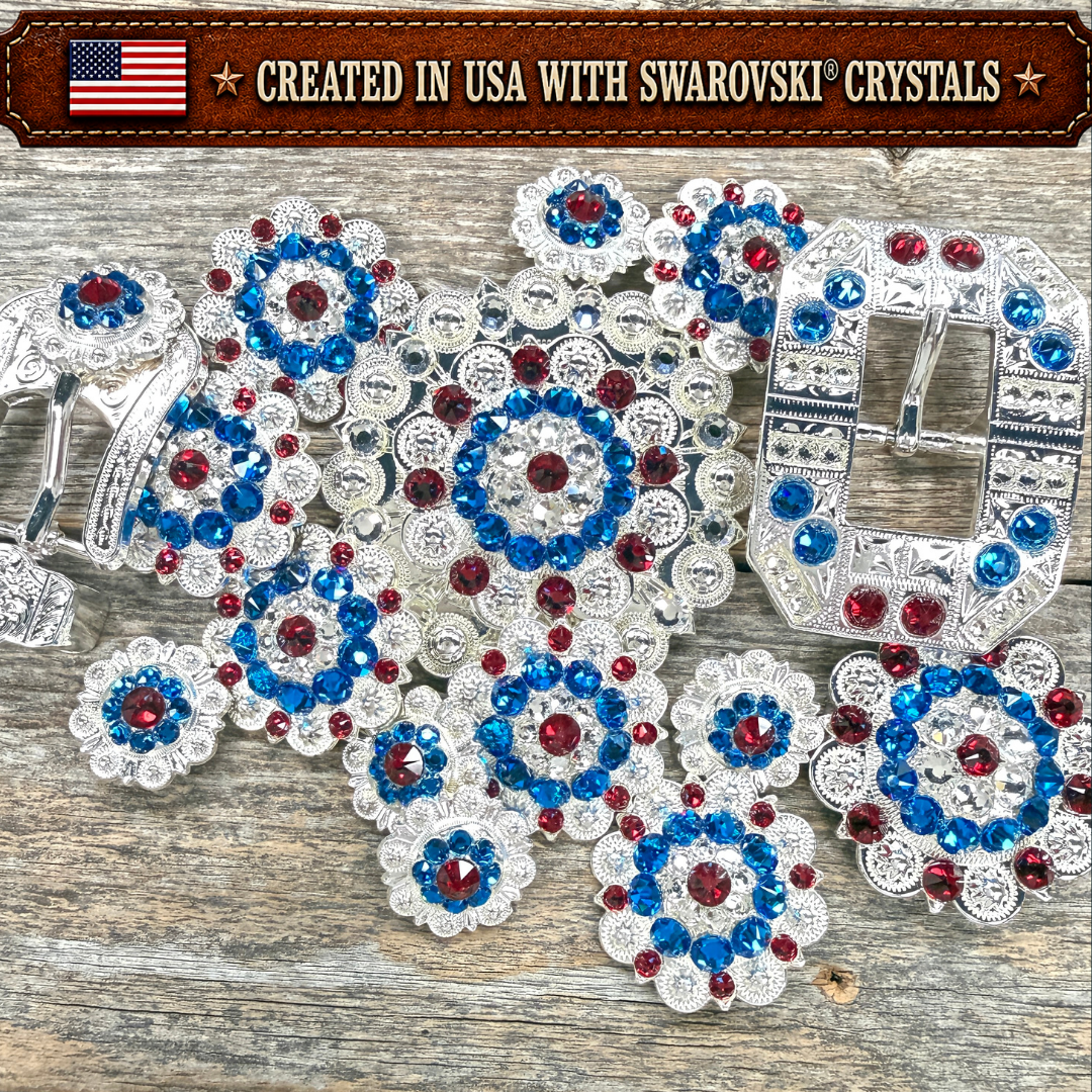 Bright Silver Red - White - Blue Crystal Conchos | Sizes 1"- 3" | Buckles | Saddle Set | Leather Rosettes | Slide