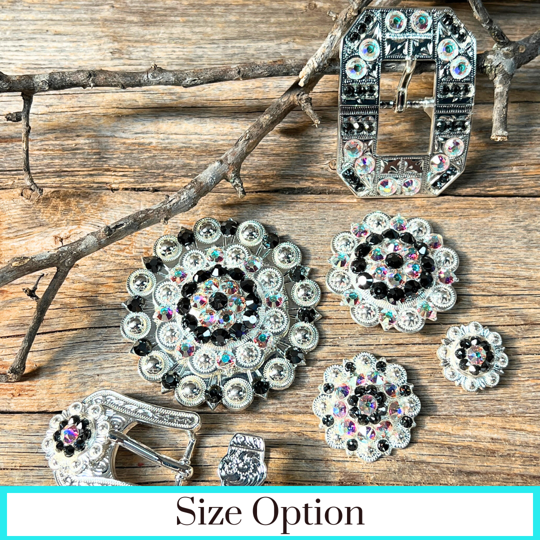 Bright Silver Jet & AB Crystal Conchos - Sizes from 1"- 3" and Buckles
