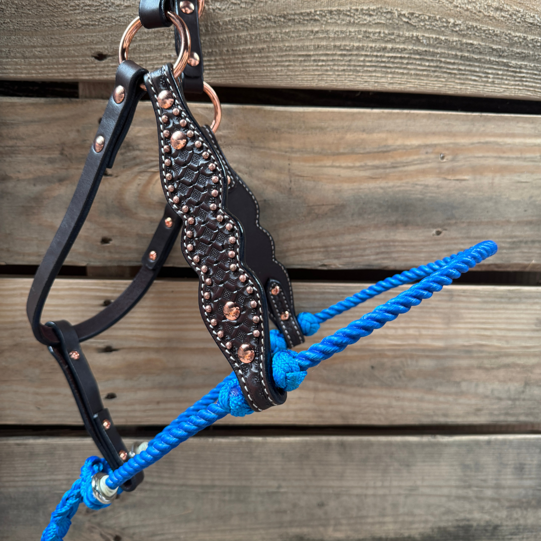 Blue Honeycomb Tooled Lariat & Leather Combo Halter